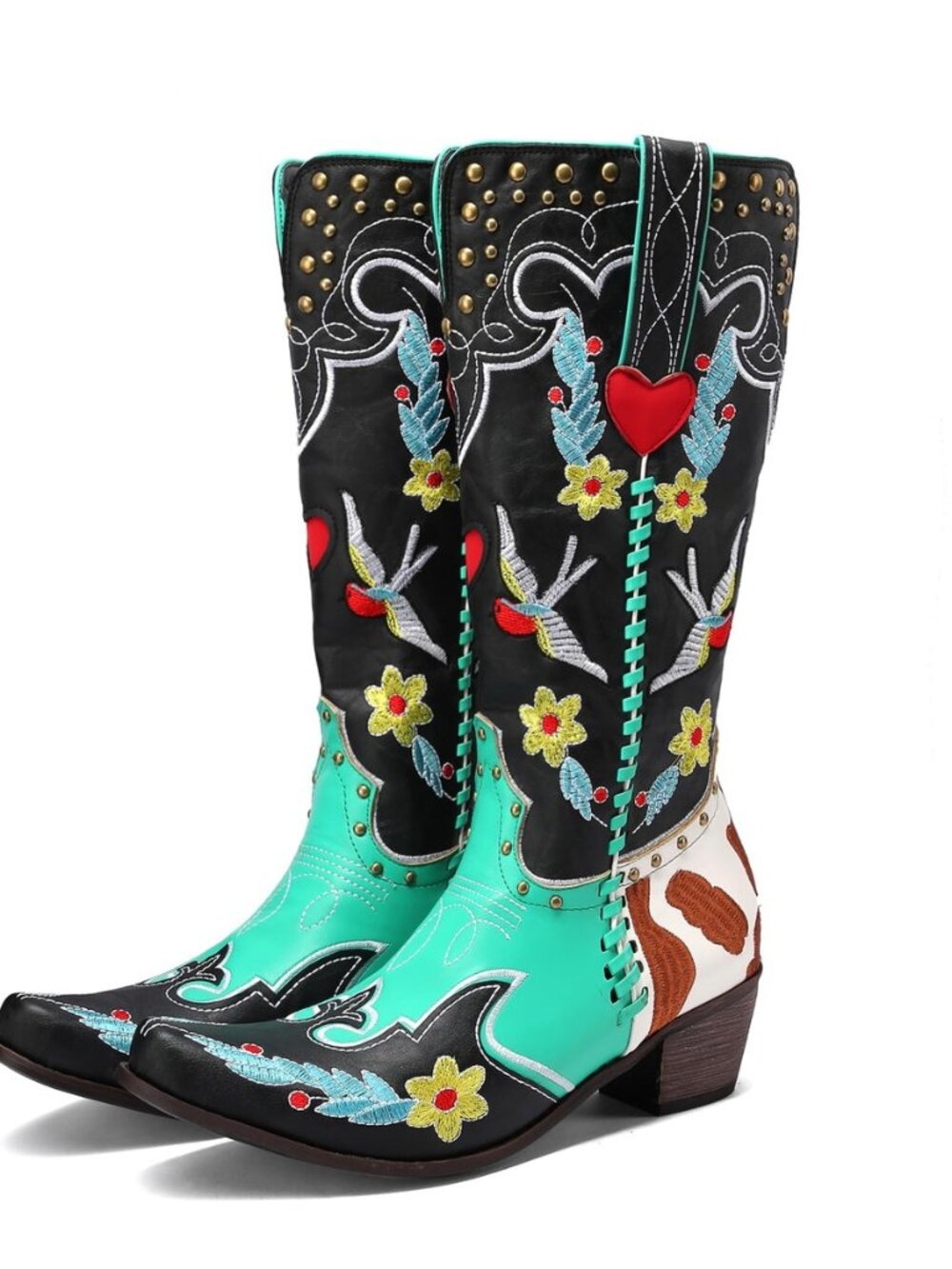 Women's Swallow Floral Embroidered Cowgirl Boots - Chunky Low Heels - Handmade
